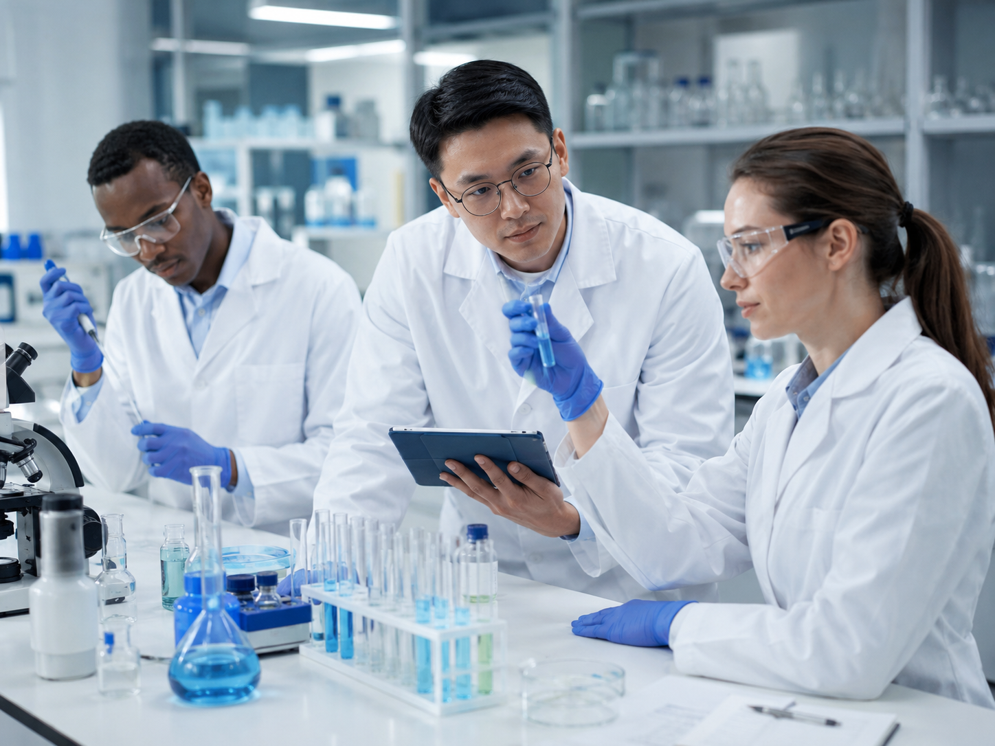 Scientists analyzing formulations in a research lab