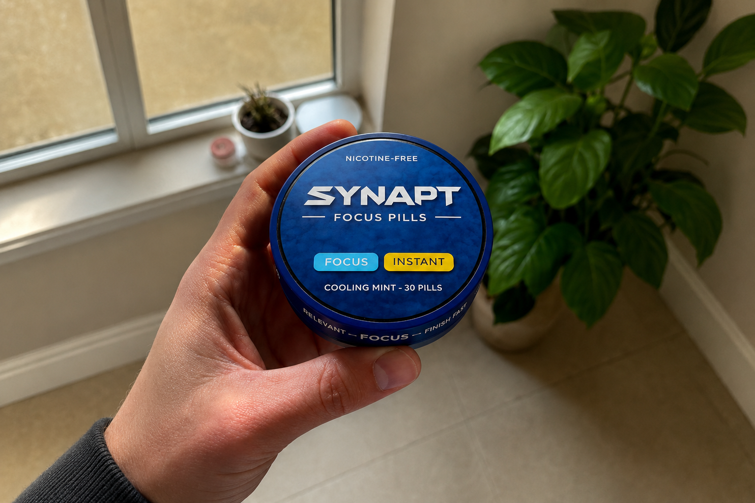 Hand holding a SYNAPT Focus Pills tin