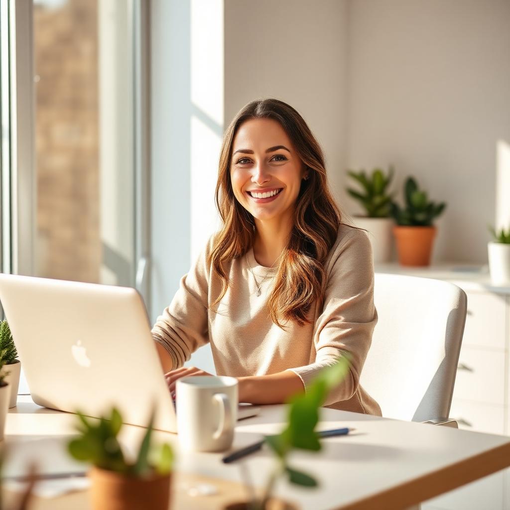 Jenna smiling at her desk while working on a laptop in bright morning light.